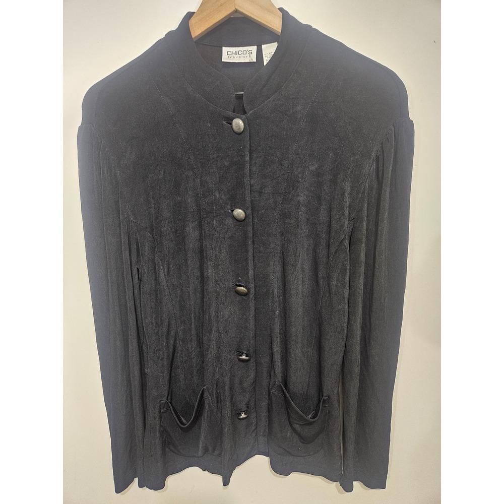 Chico's Travelers Vintage Black Slinky Button Jacket Size 1 M Acetate